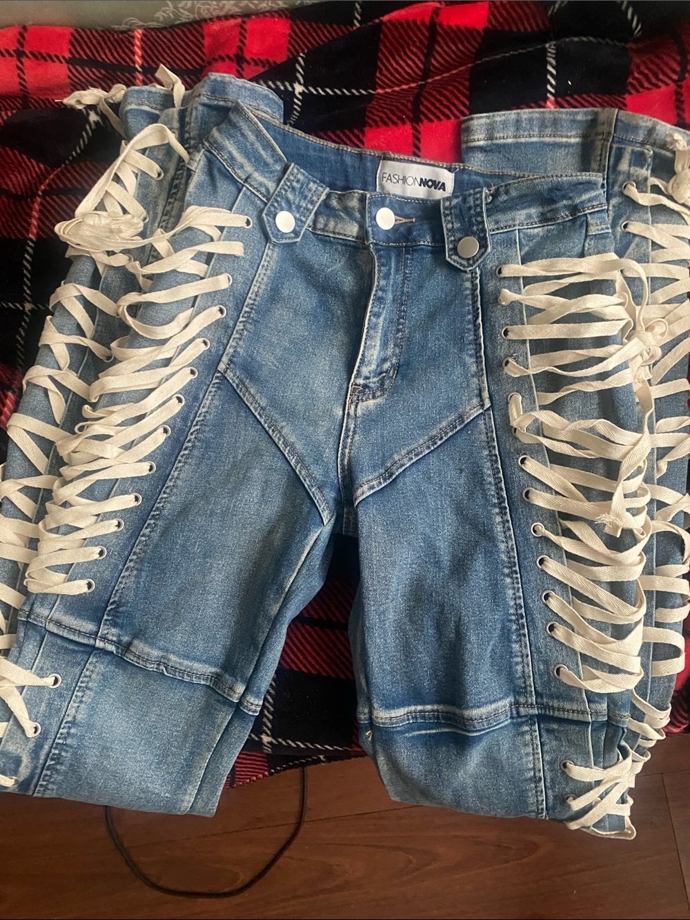 Fashion Nova Light Blue Denim Shorts with White Lace-Up Sides